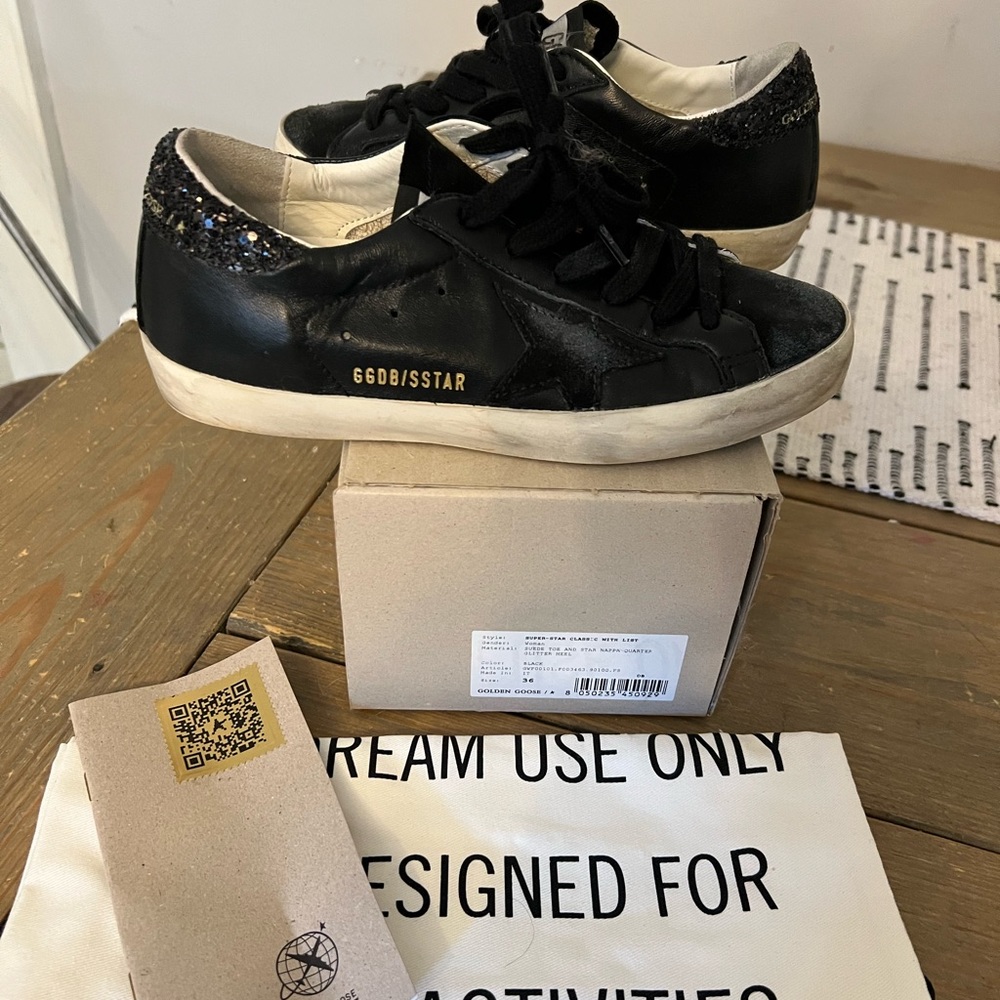 Golden Goose super star with black glitter heel